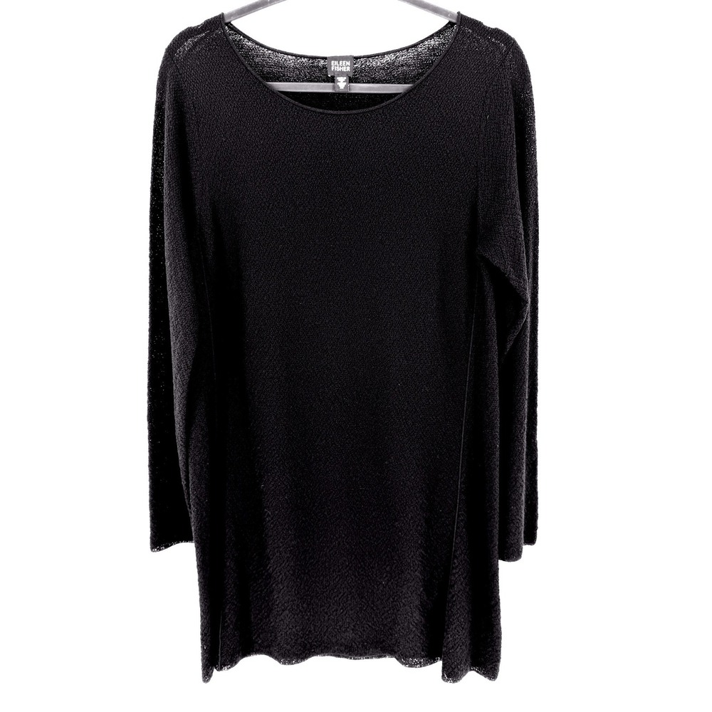 Eileen Fisher Sweater Dress Italian Wool Knit Medium Black Sheer Lagenlook